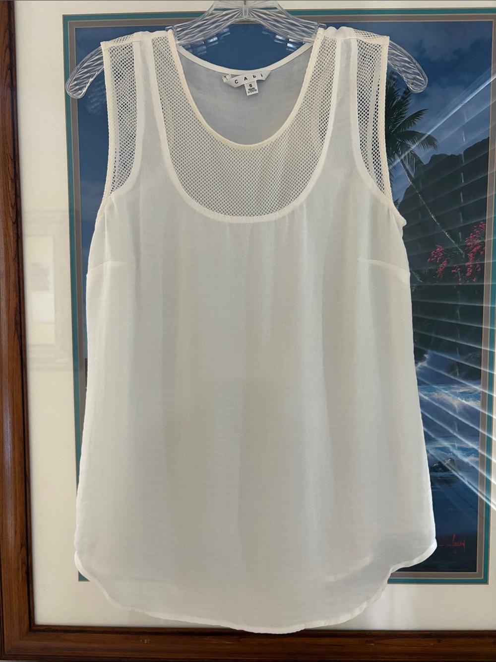 CAbi White Mesh-Detail Scoop Neck Camisole